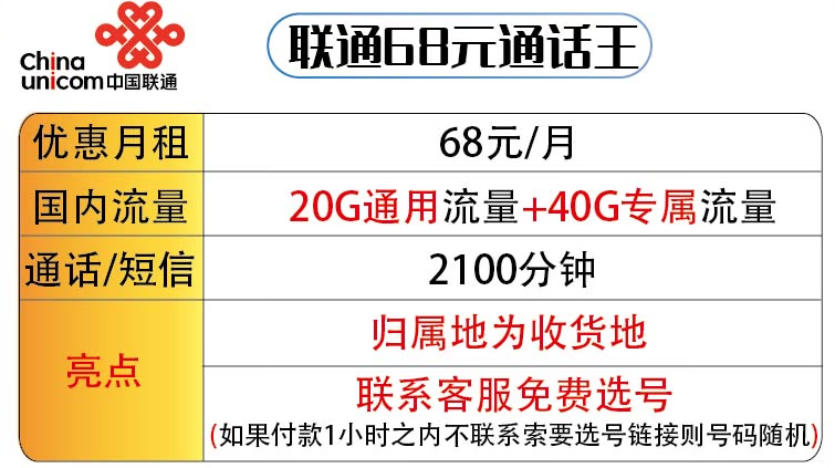 濟(jì)南聯(lián)通68元通話王套餐 60G流量+2100分鐘通話 可選號