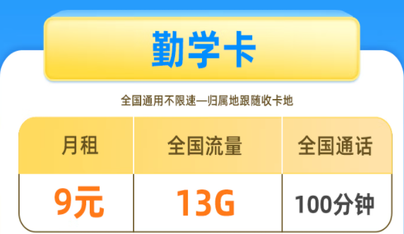 中國聯(lián)通勤學(xué)卡 9元13G全國流量+100分鐘+歸屬地可選