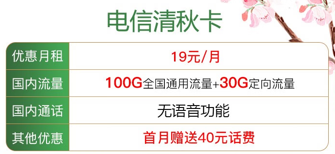 5G清秋卡19元130G國(guó)內(nèi)流量 純流量卡 贈(zèng)送40元話費(fèi) 當(dāng)月有效