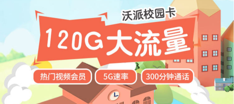 上海聯通沃派校園卡 120G流量+300分鐘語音5G上網速率贈送一年視頻會員