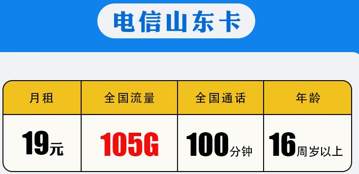 中國移動 【地區(qū)卡】山東電信19元包105G全國流量+100分鐘通話 長期有效套餐卡