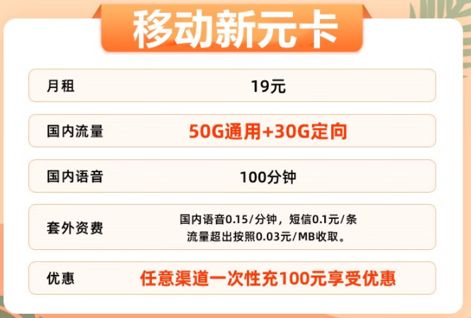 實用靠譜的流量卡推薦 河北移動新元卡 80G不限速流量+100分鐘通話 僅需19元