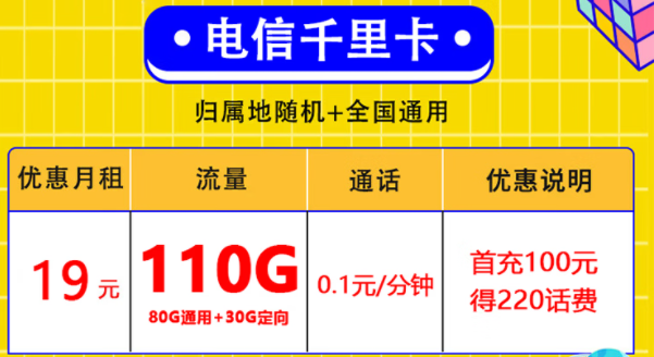 電信19元低月租超大流量卡 110G超多流量放肆用 歸屬地隨機(jī)+全國通用