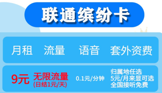 月租不超10元【聯(lián)通繽紛、落櫻卡】月租9元享無(wú)限流量（日結(jié)1元/天）歸屬地任選