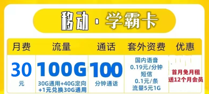 中國移動(dòng)流量上網(wǎng)卡 移動(dòng)學(xué)霸卡29元30G通用+40G定向送一年會(huì)員