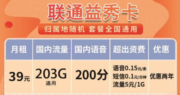 沒有定向流量的聯(lián)通流量卡套餐 聯(lián)通益秀卡月租39元=203G通用+兩年優(yōu)惠