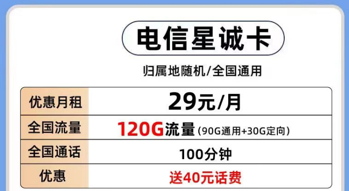 電信有那些好用的流量卡套餐推薦？電信星誠(chéng)卡29元120G全國(guó)流量+首月0月租