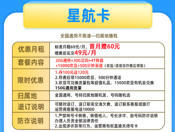 電信星航卡|49元流量卡套餐推薦|包含20G通用+150G通用+30G定向+500分鐘語音