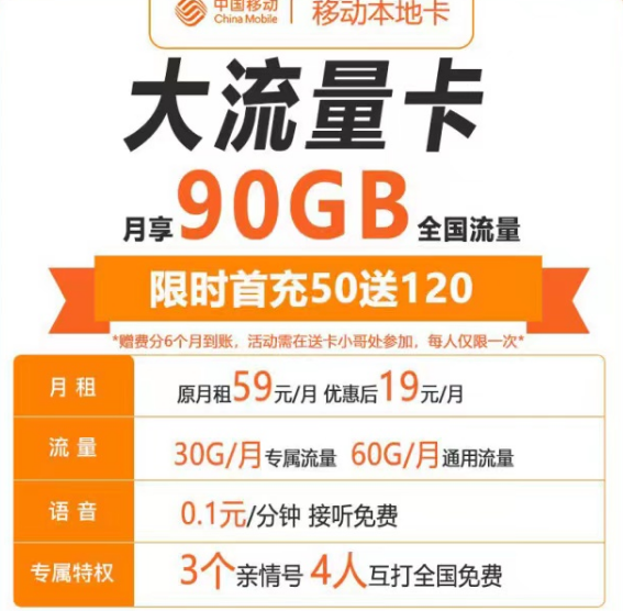 最實惠的流量卡有哪些？移動本地卡19元90G+親情號|海棠卡19元180G流量|首月免費