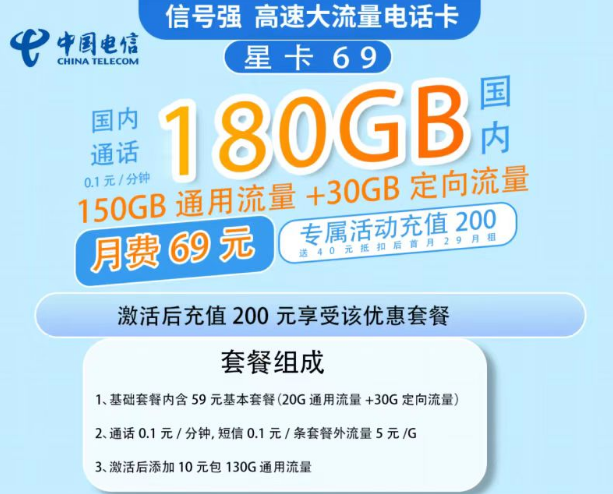 電信星卡的流量多嗎？69元流量星卡套餐寶150G通用流量+30G定向|超級(jí)劃算