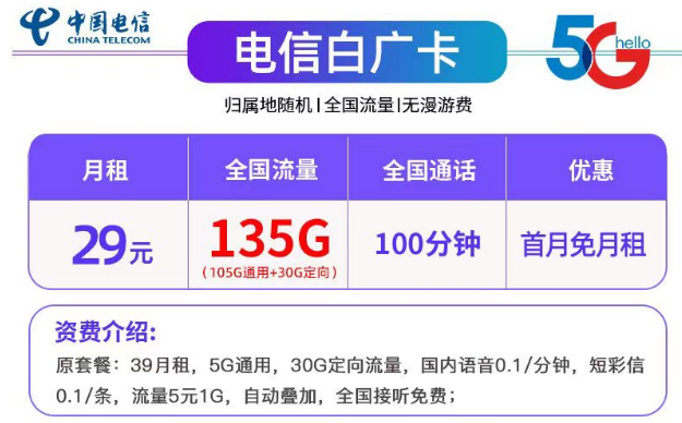 帶有免費(fèi)通話的29元135G電信白廣卡+19元130G長期可用的電信夢語卡