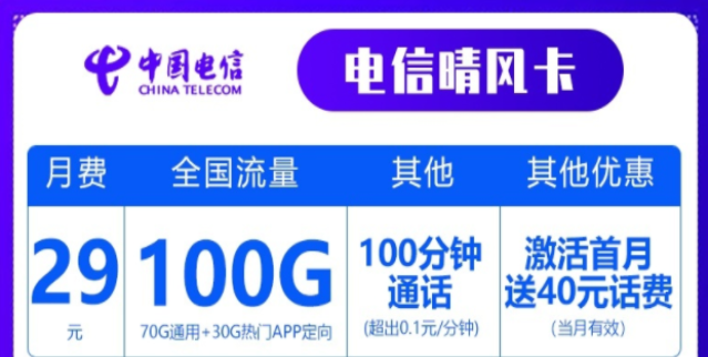 電信29元100G晴風(fēng)卡+100分鐘語音|39元長期電信卡180G+首免蘇龍卡