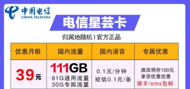 流量卡哪些好用？電信39元卡=電信星蕓卡29元111G流量+首月免費(fèi)+包郵