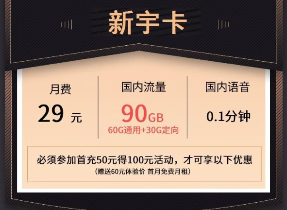 聯(lián)通新宇卡|29元月租=60G通用+30G定向+首免|免費(fèi)申請！