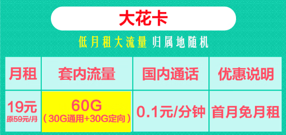 19元聯(lián)通大花卡60G流量+29元聯(lián)通黃金卡204G通用+100分鐘！